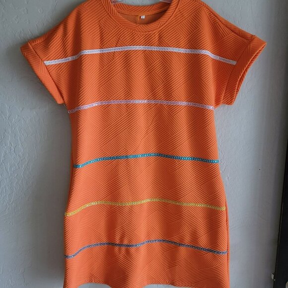 Orange Textured Short Sleeve Dress With Sequin Stripes Large - Picture 2 of 5